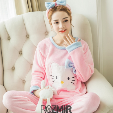 Женская теплая розовая пижама Kitty "White/Pink/Sky Blue", XS